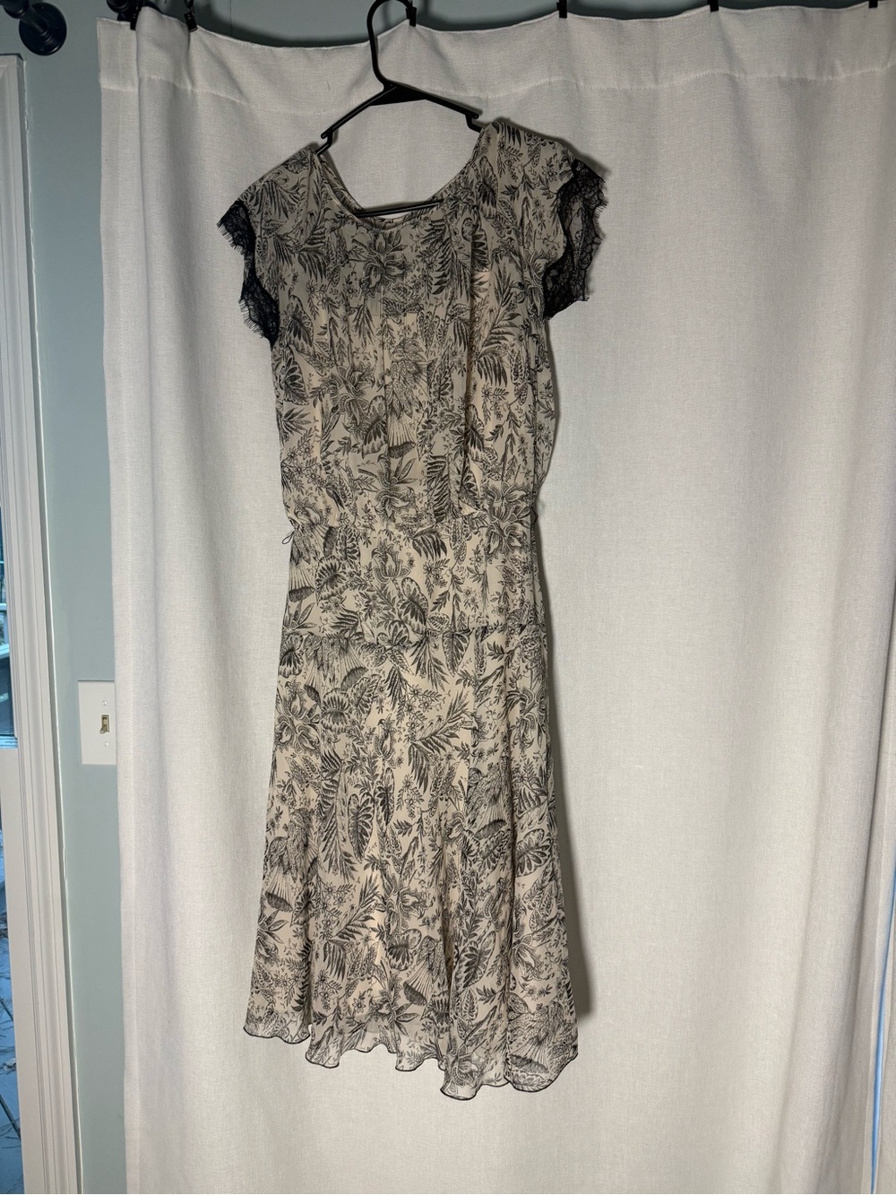 Max & Cleo Black Floral-Print Cream Midi Dress with Lace Sleeves